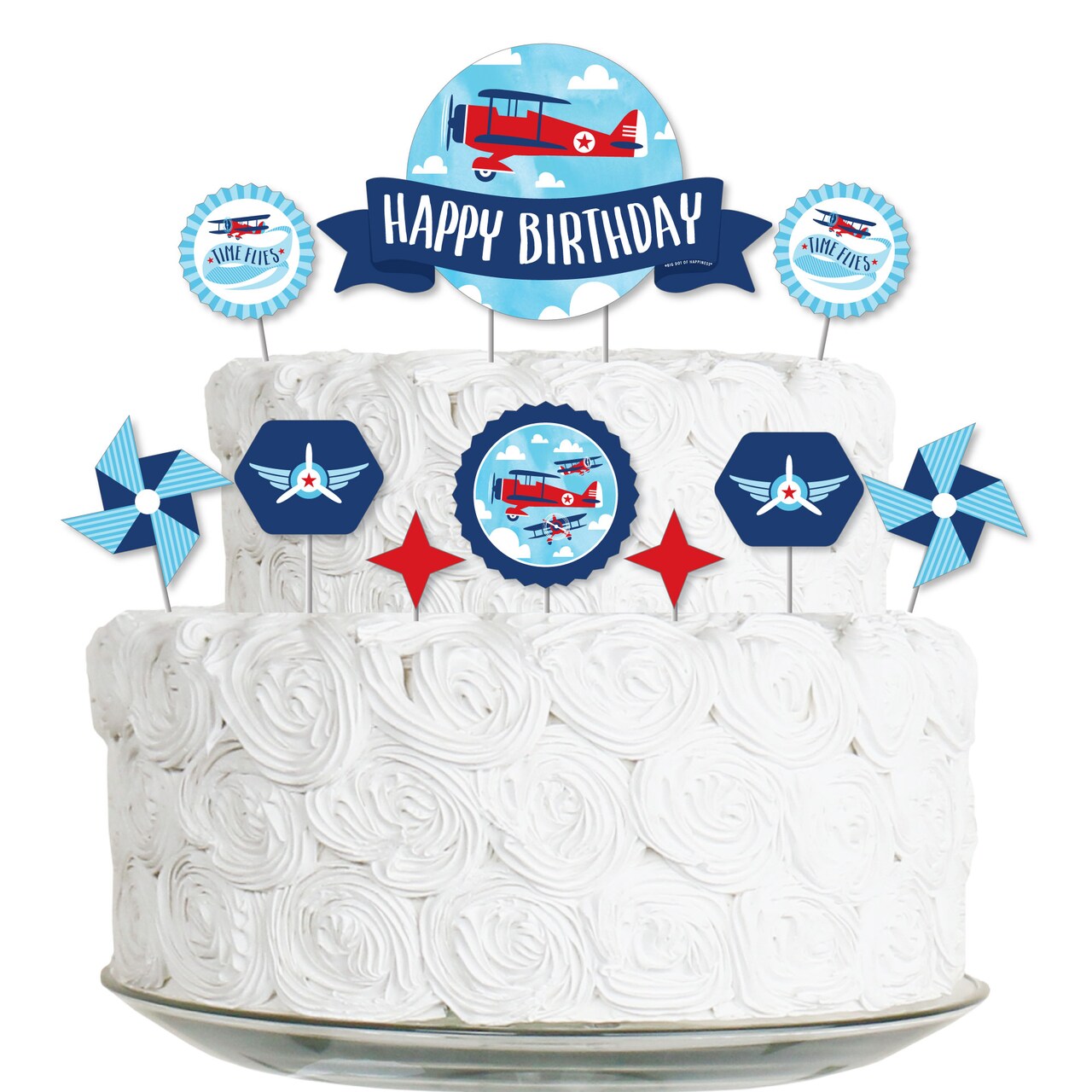 Big Dot of Happiness Taking Flight - Airplane - Vintage Plane Birthday Party Cake Decorating Kit - Happy Birthday Cake Topper Set - 11 Pieces